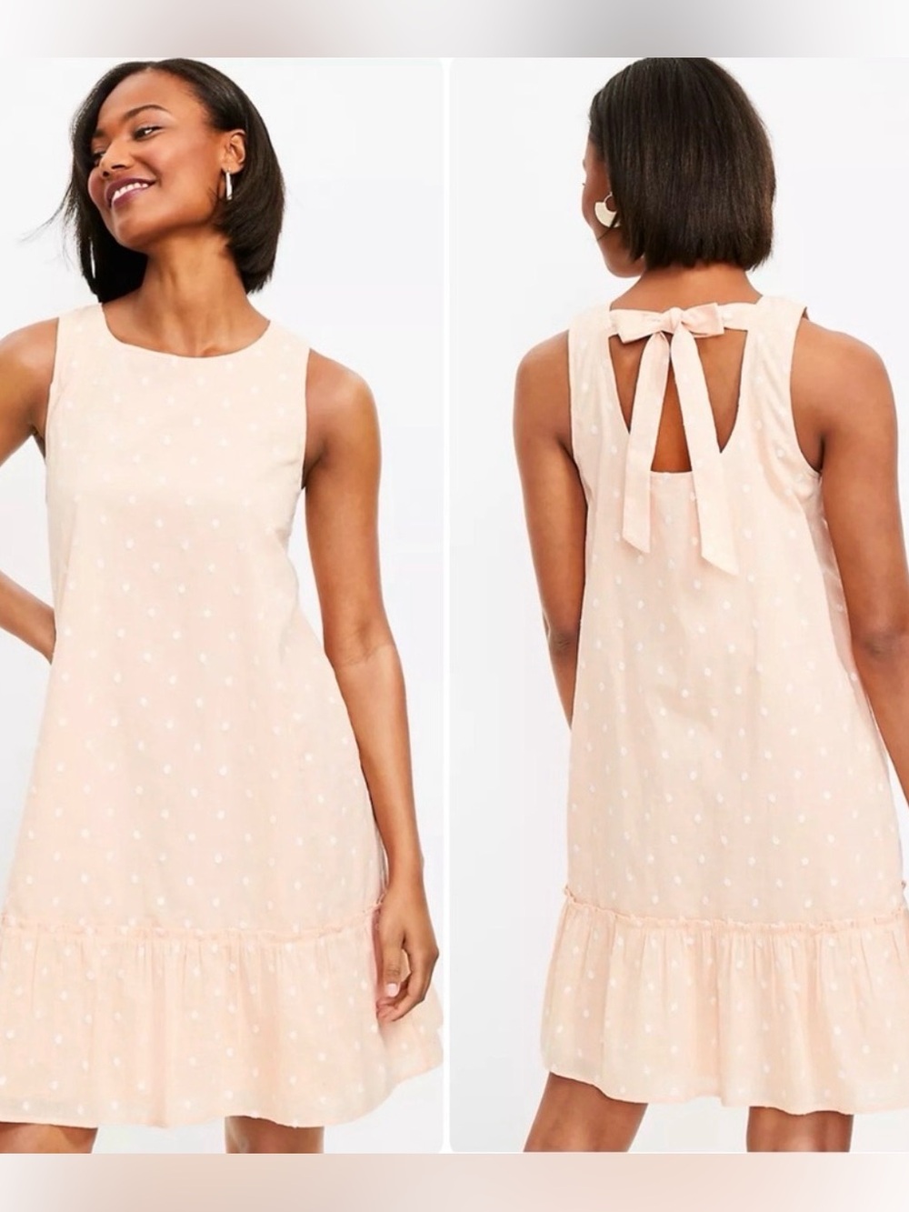 Loft embroidered polka dot flounce shift sundress soft peach color